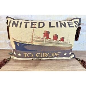 Vintage United Lines Ocean Liner Tapestry Throw Pillow Tassels Nautical Ticket